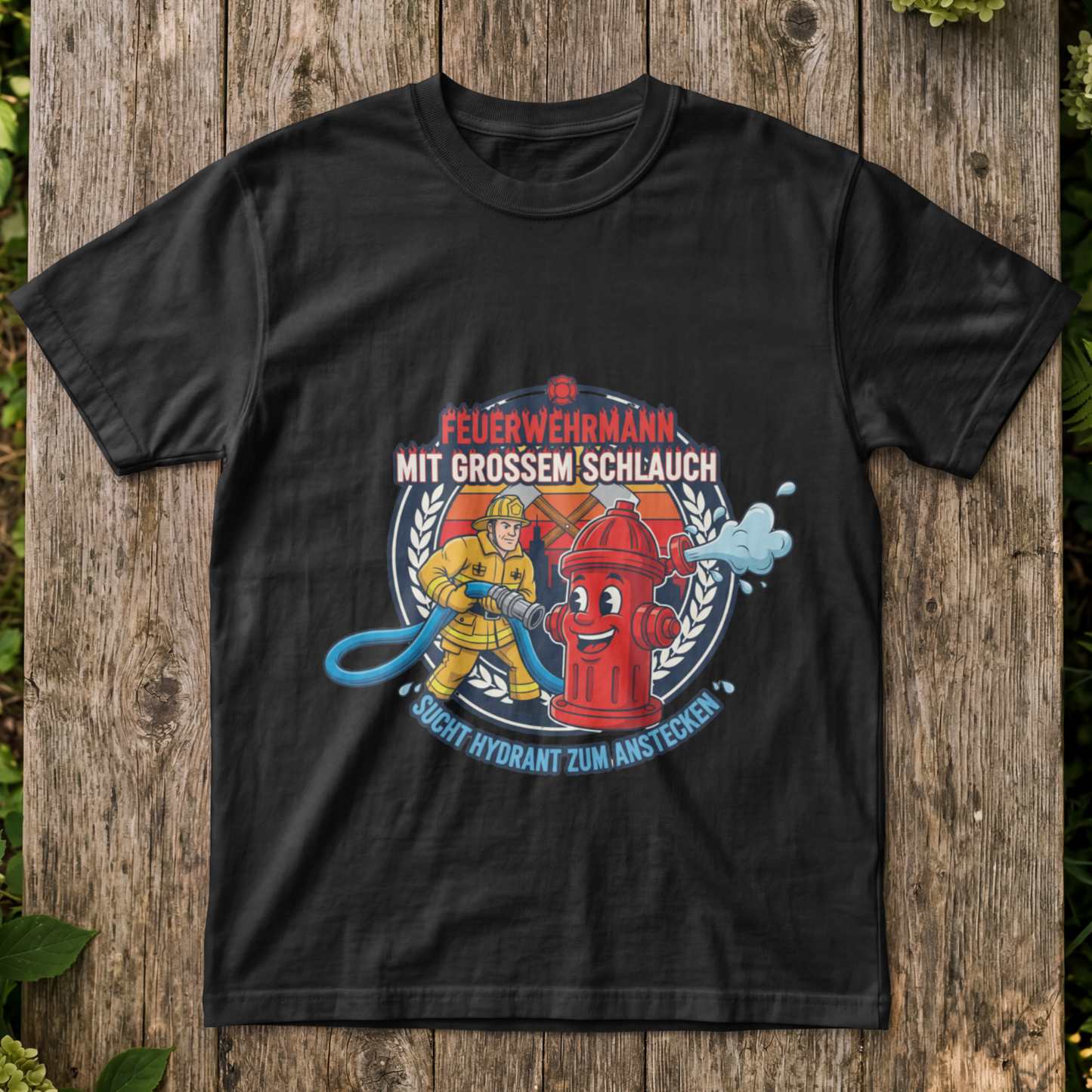 Feuerwehrmann mit Großen Schlauch sucht Hydrant T-Shirt